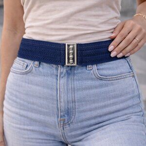 Vtg. Navy Blue Sheer Women's Elastic Belt W/ Rolled Metal Buckle 26" When Opened